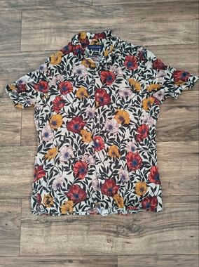 Zara Men White Floral Button-Down Shirt with Red & Yellow Blooms